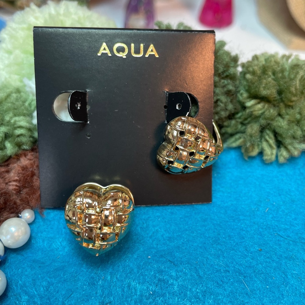 Aqua Woven Gold Heart Earrings